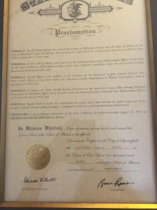 The proclamation from Governor Rauner declaring August 31st Sheriff David Mahon Day in Illinois.  Photo courtesy of Chief Deputy Paul Kuhns - Effingham Sheriff's Office
